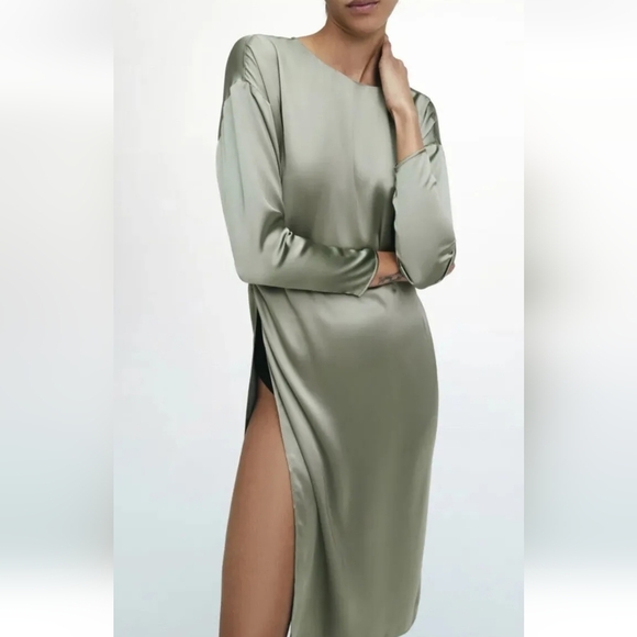 ZARA Olive Green Satin 3/4 Sleeve High Side Slits Midi Dress Top XS - Picture 1 of 13